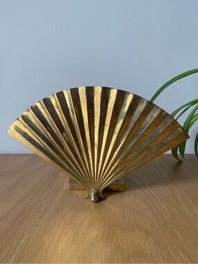 Vintage Brass Shell Fan Decorative Accent with Stand